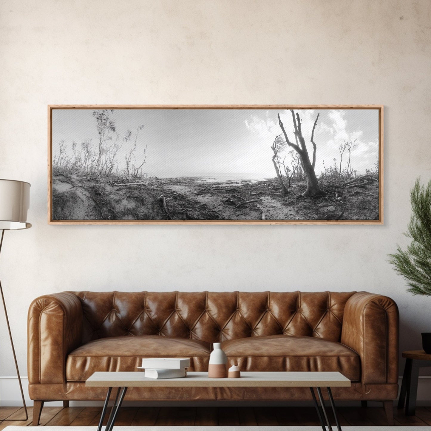 Windswept Coastal Trees, Driftwood Beach Landscape, Black White Canvas Print, Autumn Wall Art, Nature-Inspired Living Room Decor
