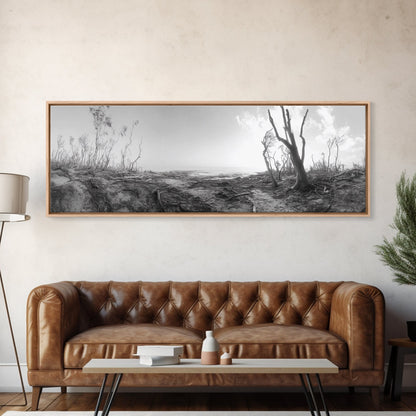 Windswept Coastal Trees, Driftwood Beach Landscape, Black White Canvas Print, Autumn Wall Art, Nature-Inspired Living Room Decor