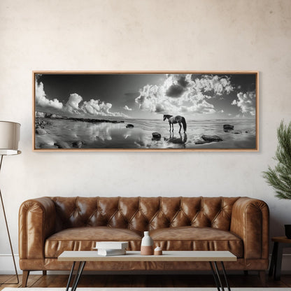 Beach Horse Reflection, Coastal Freedom, Wild Spirit Scene, Framed Canvas Print, Western Bathroom Art, Minimalist Beach House Decor
