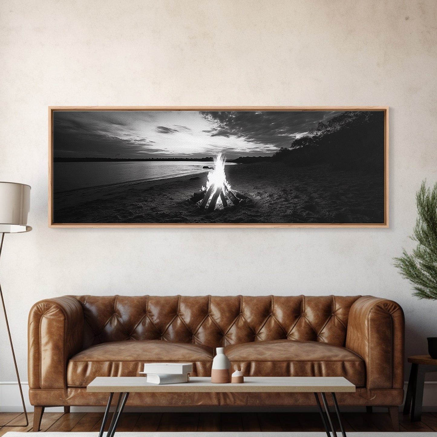 Beach Bonfire, Sunset Glow, Autumn Shoreline, Firelight Sky, Canvas Print, Fall beach decor, cozy wall art, rustic art, lake house style