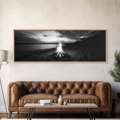 Beach Bonfire, Sunset Glow, Autumn Shoreline, Firelight Sky, Canvas Print, Fall beach decor, cozy wall art, rustic art, lake house style