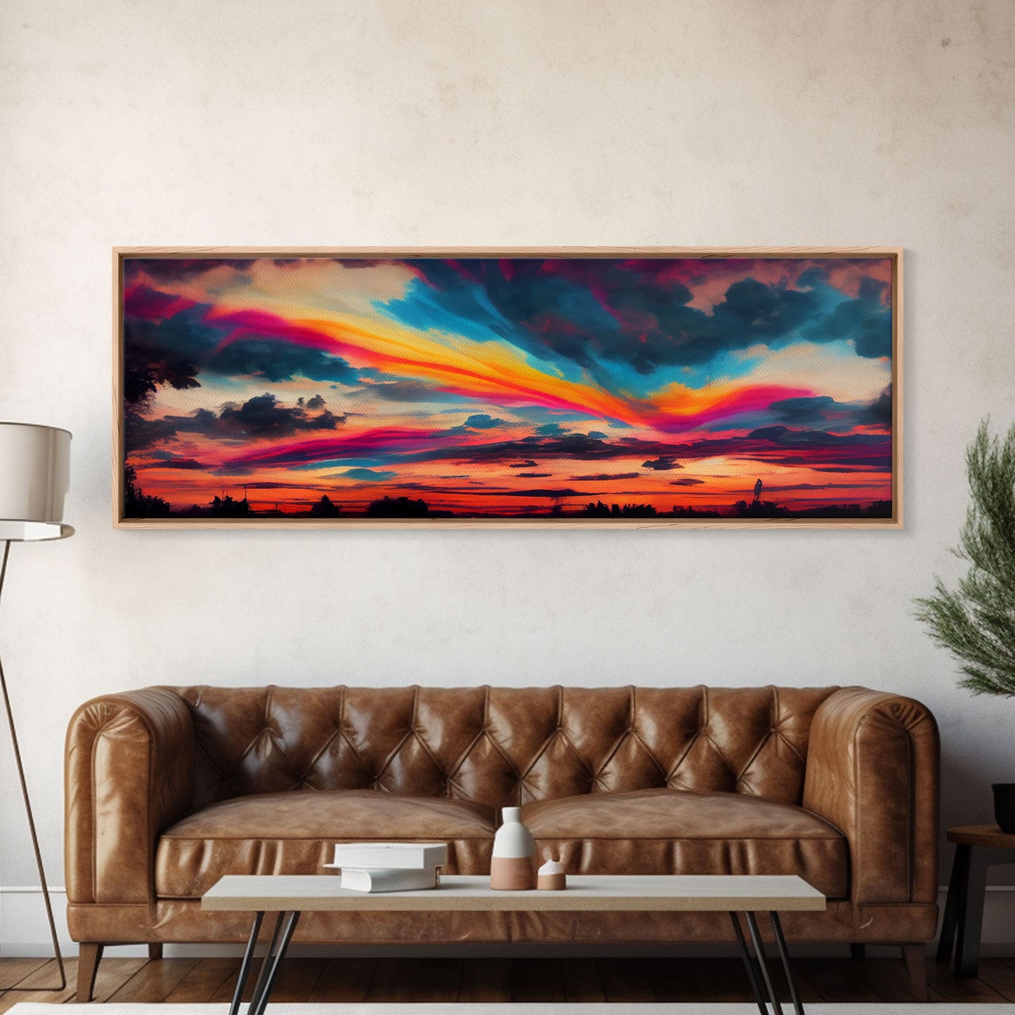 Beautiful Panoramic Watercolor Sunset, Extra Large Wall Art, Framed Panoramic Canvas Print, Framed Wall Art