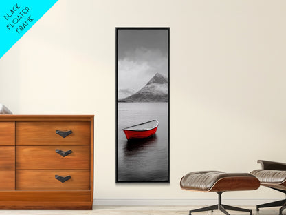 Red Boat, Serene Waters, Mountain Reflection, Winter Landscape – Framed Canvas Print, Minimalist Wall Art, Bedroom Decor, Nature Tranquility
