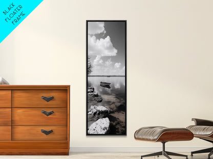 Monochrome Boat Lake, Peaceful Dockside, Still Waters, Minimal Calm, Framed Canvas Print, Bedroom Wall Art, Black White Photography