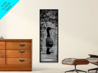 Blue Loon, Water Reflection, Elegant Bird, Lake Life Framed Canvas Print, cabin decor, nature wall art, minimalist bird art, office wall art