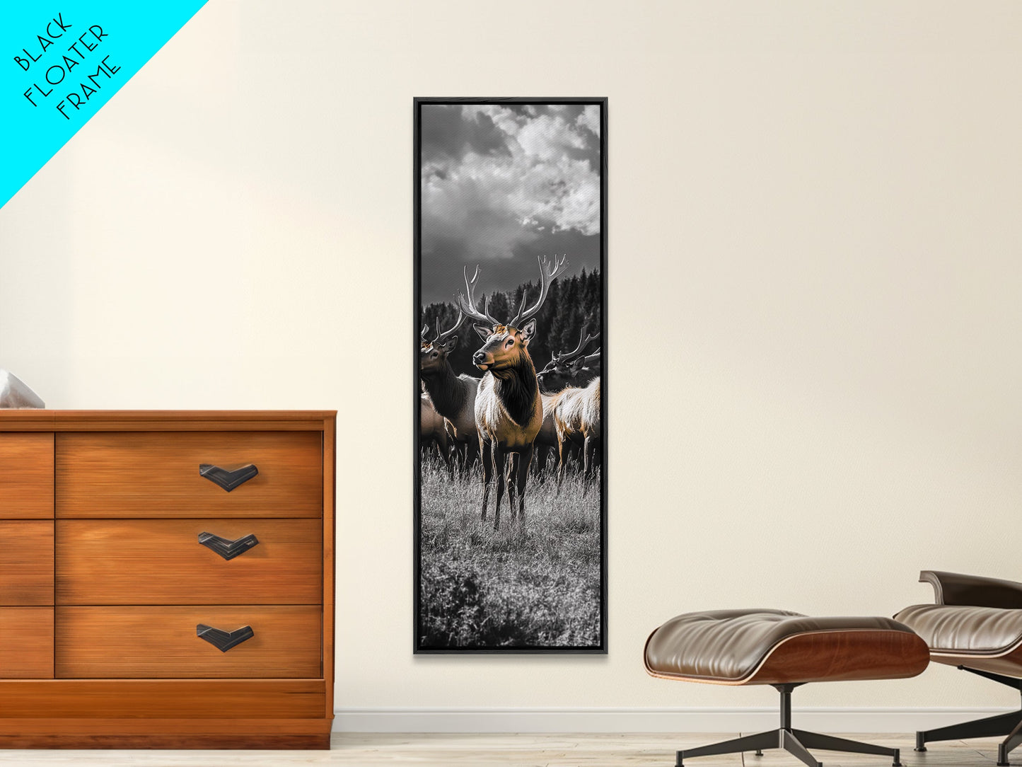 Majestic Elk, Forest Wildlife, Autumn Scene, Nature Herd, Framed Canvas Print, rustic lodge decor, cabin wall art, woodland style