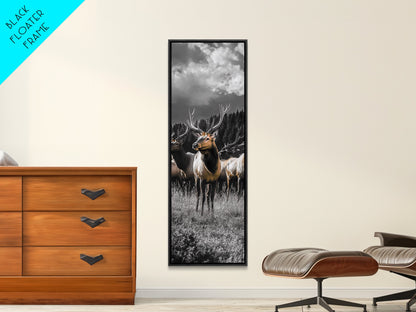 Majestic Elk, Forest Wildlife, Autumn Scene, Nature Herd, Framed Canvas Print, rustic lodge decor, cabin wall art, woodland style