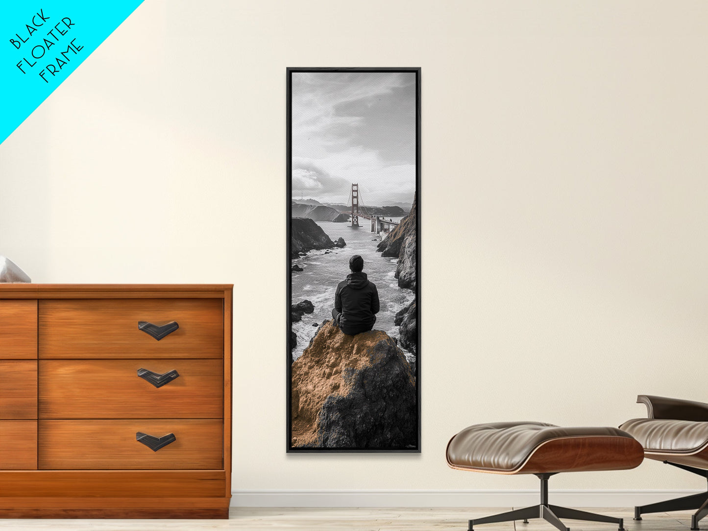 Golden Gate, Solitude View, Man on Cliff, Iconic Bridge, Framed Canvas Print, Travel Wall Art, Office Inspiration, Moody Coastal Decor