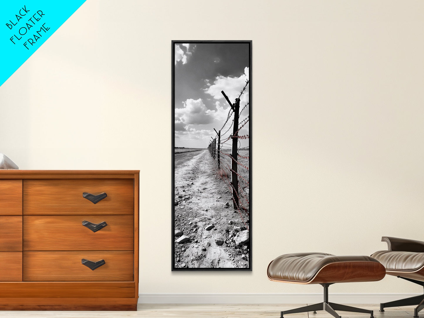 Red Barbed Wire, Desert Fence, Dystopian Path, Framed Canvas Print, Western Rustic Decor, Grunge Wall Art, Monochrome Landscape Style