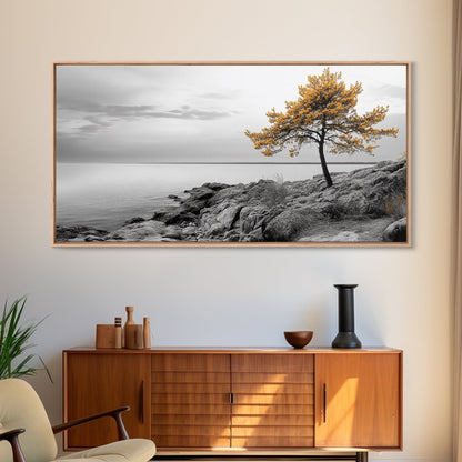 Yellow Tree, Rocky Coast, Minimal Landscape, Ocean Breeze – Canvas Print, Zen Wall Art, Nature Minimalist Decor, Scandinavian Interior