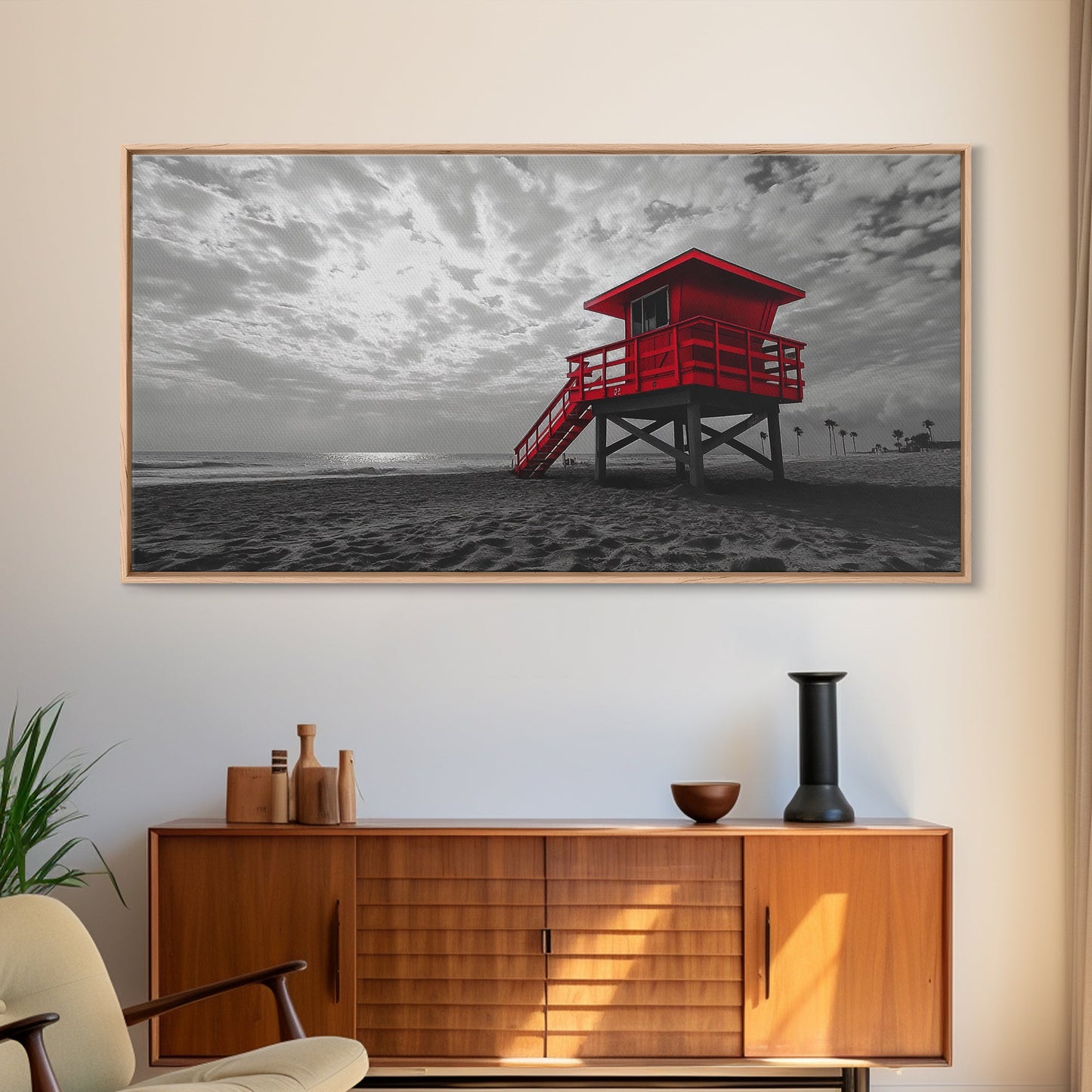 Red Lifeguard Tower, Beachscape, Dramatic Sky, Coastal Life, Framed Canvas Print, Modern Beach Wall Art, Bold Bathroom Decor