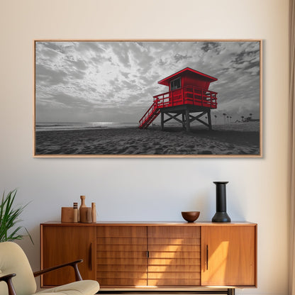 Red Lifeguard Tower, Beachscape, Dramatic Sky, Coastal Life, Framed Canvas Print, Modern Beach Wall Art, Bold Bathroom Decor