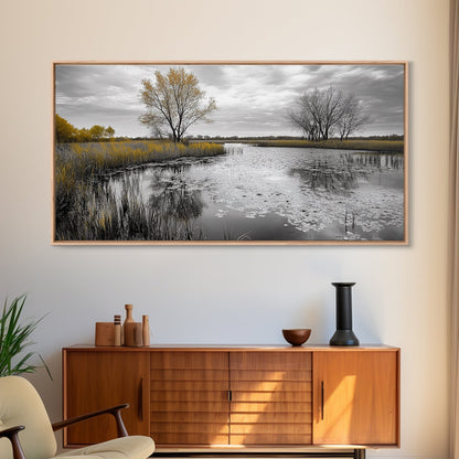 Lily Pond Trees, Serene Reflection, Autumn Landscape, Calm Water Scene, Framed Canvas Print, Nature Wall Art, Fall Living Room Decor