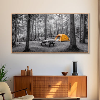 Yellow Tent, Forest Camping, Wilderness Escape, Outdoor Living, Framed Canvas Print, Fall Bedroom Art, Minimalist Nature, Hiking Vibes