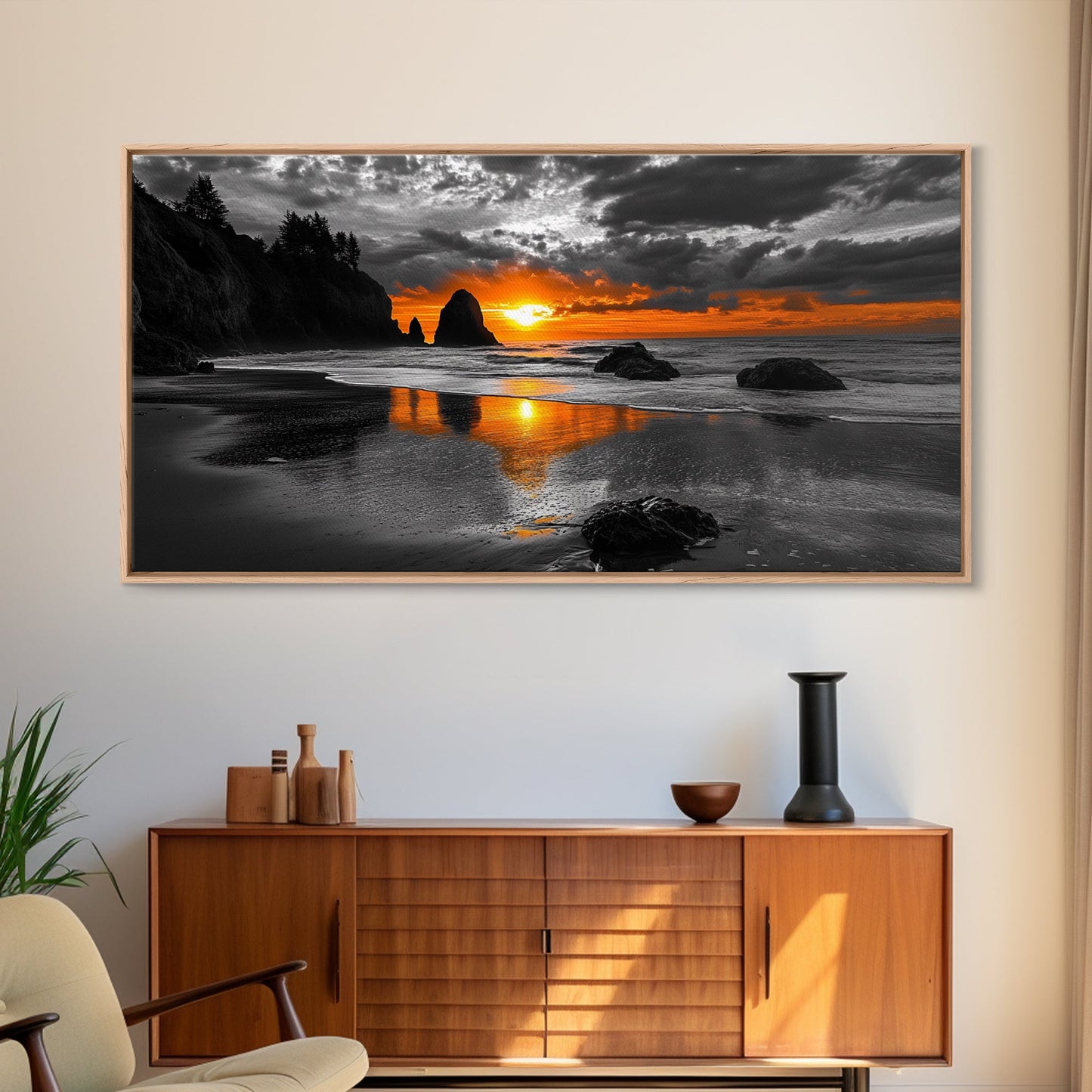 Sunset Beach, Fiery Sky, Ocean Glow, Moody Seascape, Framed Canvas Print coastal living room wall art, dramatic sunset photography