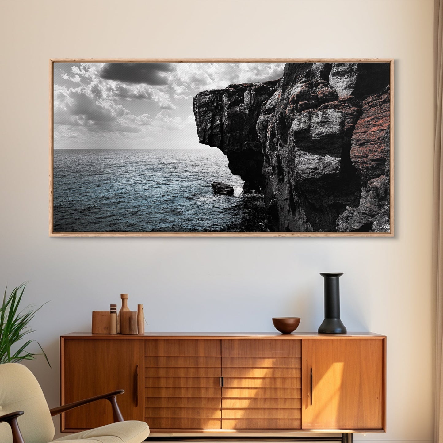Cliff Edge, Ocean Drop, Moody Seascape, Dramatic Rock Face, Canvas Print modern landscape art, monochrome minimalist decor, bedroom wall art