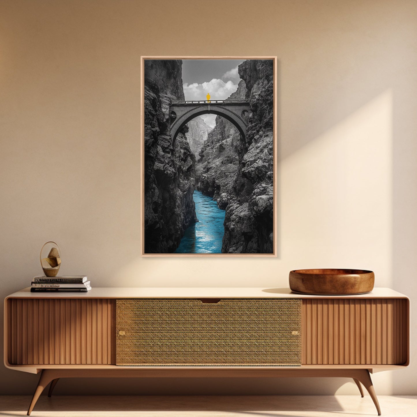 Canyon Bridge, Blue River, Yellow Figure, Framed Canvas Print, Bold Color Photography, Dramatic Landscape, Office Statement Art