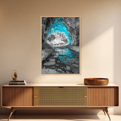 Blue Ice Cave, Winter Tunnel, Arctic Wonderland, Framed Canvas Print, Nature Wall Art, Minimalist Photography, Cool Tone Decor
