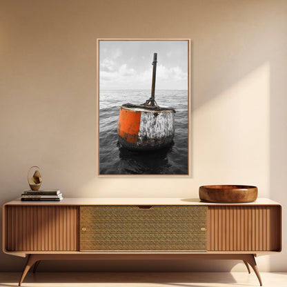 Ocean Buoy Art, Nautical Minimalism, Coastal Wall Decor, Industrial Seascape, Framed Canvas Print, Rustic Ocean Art, Bathroom Wall Art