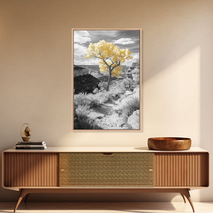 Autumn Canyon Trail, Yellow Tree, Nature Photography, Framed Canvas Print, Fall Wall Decor, Grand Canyon Print, Minimalist Landscape Art