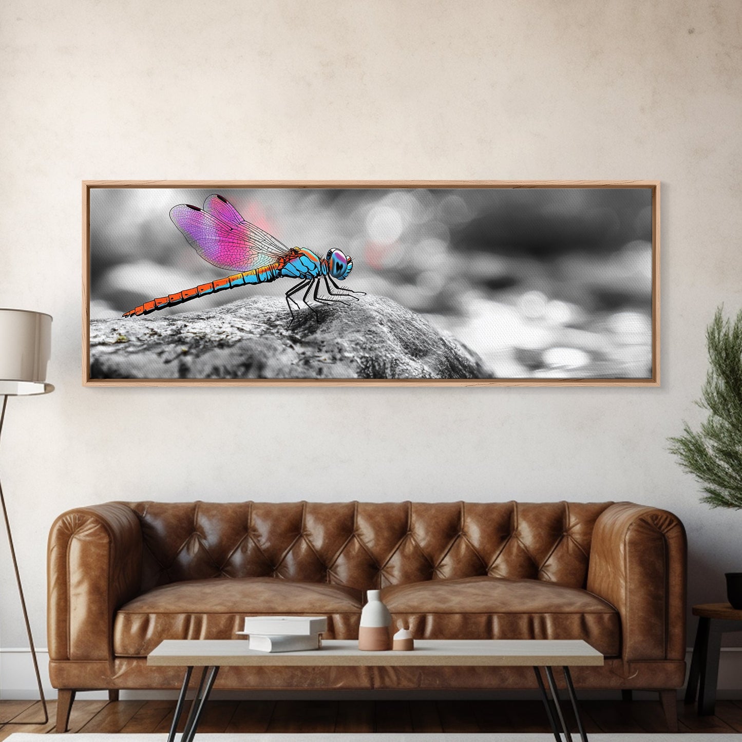 Neon Dragonfly, Nature Insect, Color Burst, Macro Beauty — Framed Canvas Print, Modern Boho Art, Bedroom Wall Art, Nature Photography