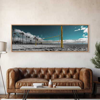 Beach Volleyball, Palm Trees, Summer Sport, Coastal Minimalism, Framed Canvas Print, Rec Room Wall Art, Sporty Vibe Decor