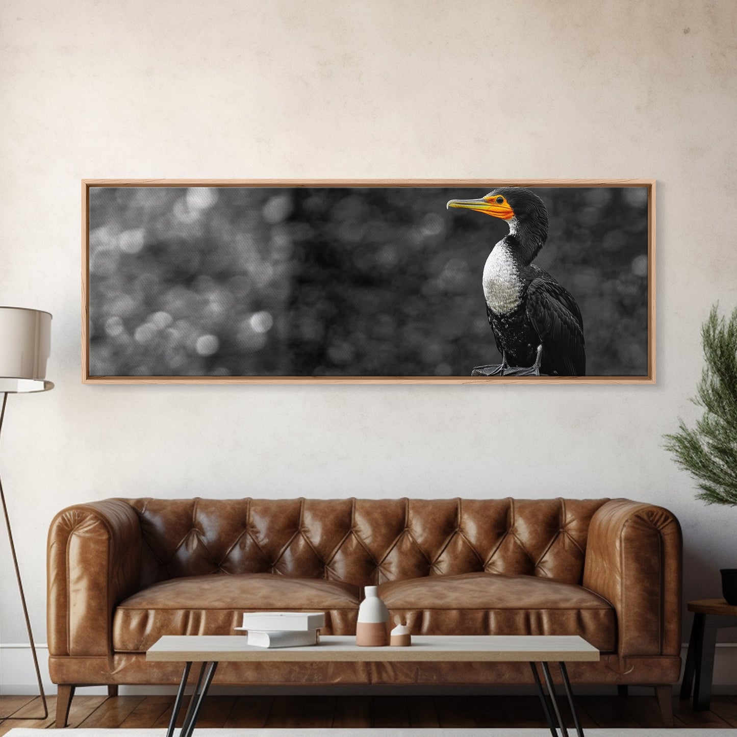 Black White Bird, Orange Beak Detail, Minimal Nature Portrait, Framed Canvas Print, Rustic Wall Art, Study or Cabin Decor