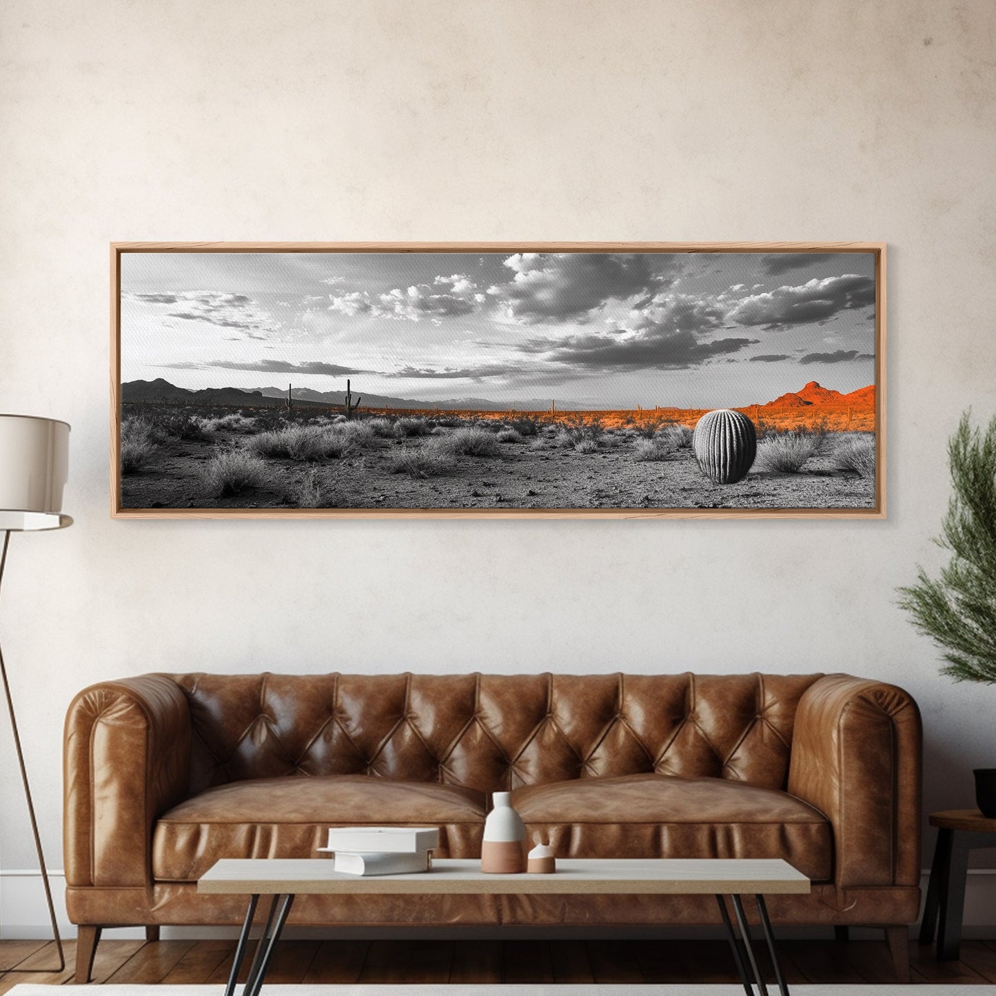 Arizona Desert Cactus, Orange Sunset Landscape, Saguaro Art, Framed Canvas Print, Western Wall Decor, Rustic Living Room Accent