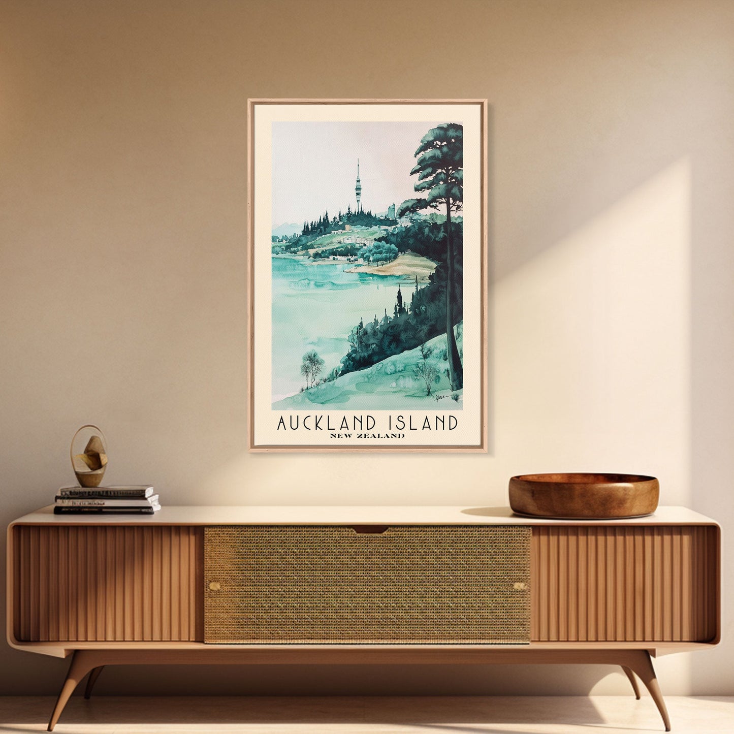 Auckland Island, New Zealand Watercolor Print, Vacation Gift, New Zealand Wall Art, Beach Painting, Beach Decor, Large Wall Art, Wood Frame Art