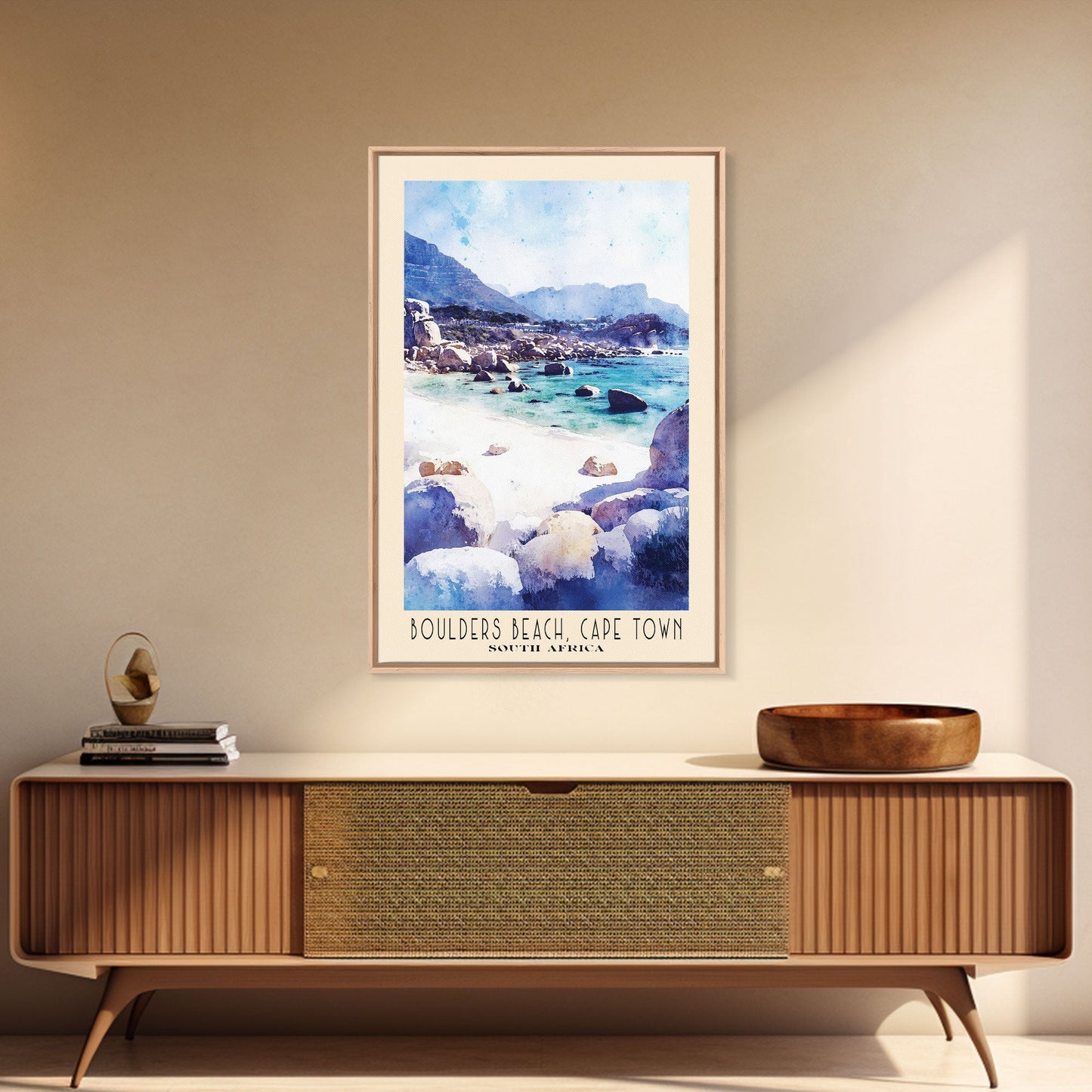 Boulders Beach, Cape Town, South Africa Watercolor Print, Vacation Gift, South Africa Wall Art, Beach Painting, Beach Decor, Large Wall Art, Wood Frame Art