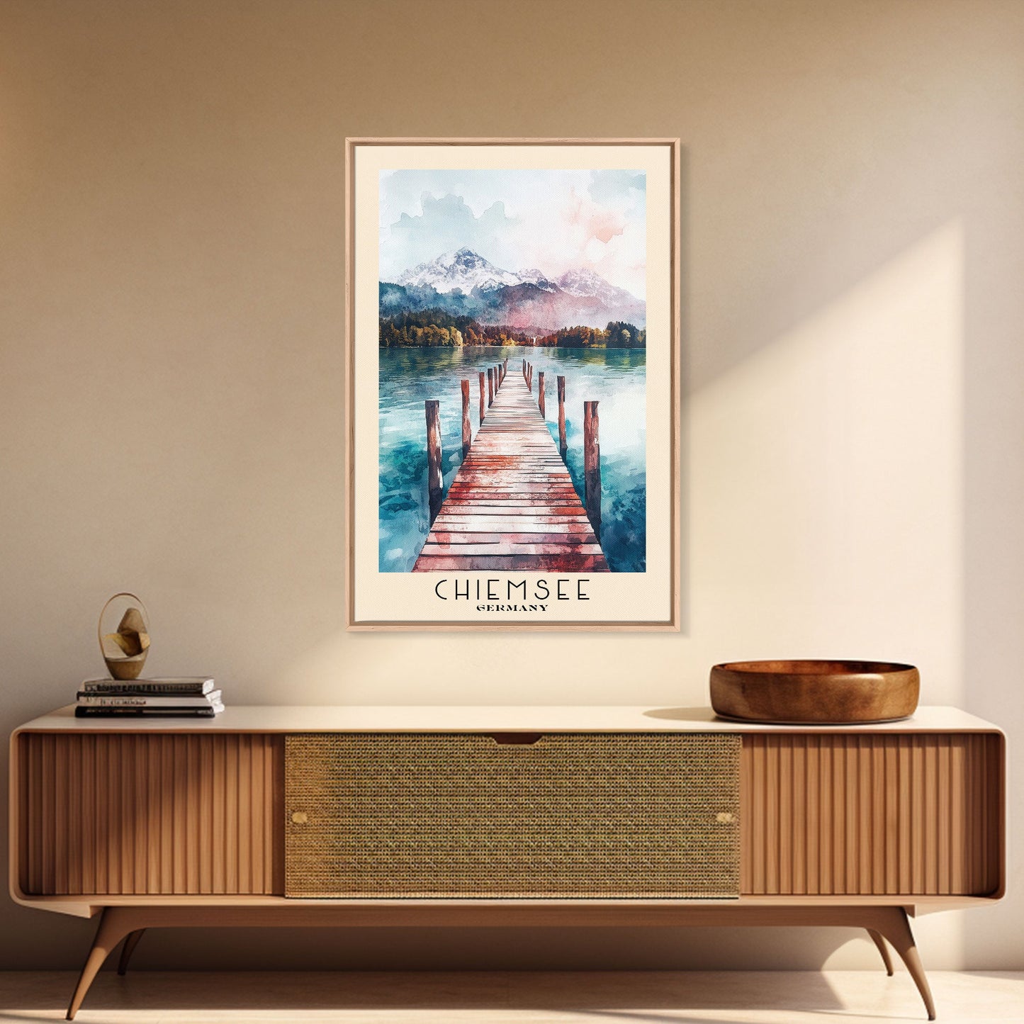 Chiemsee, Germany Watercolor Print, Vacation Gift, Germany Wall Art, Beach Painting, Beach Decor, Large Wall Art, Wood Frame Art