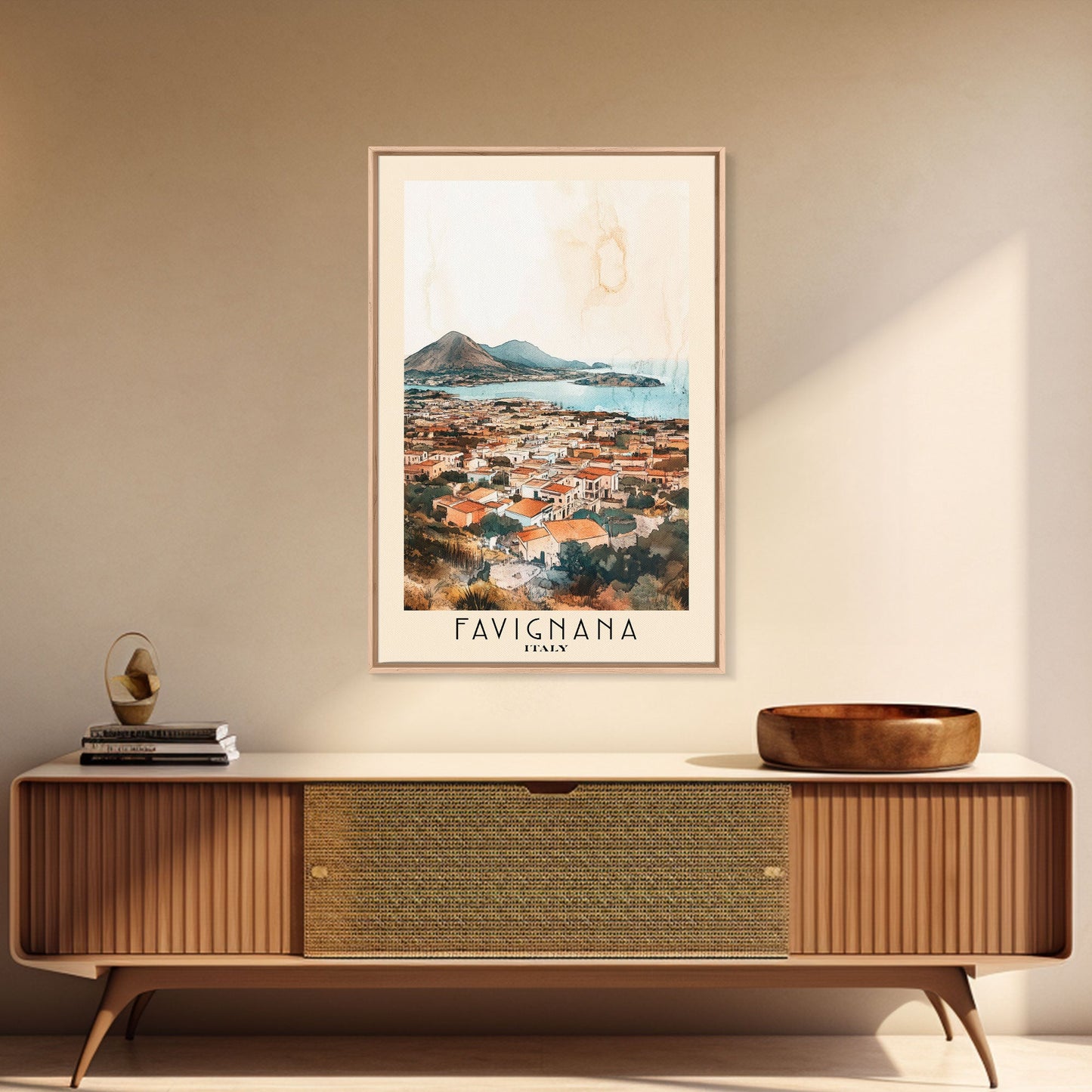 Favignana, Italy Watercolor Beach Print, Vacation Gift, Italy Wall Art, Framed Canvas Print, Framed Beach Painting