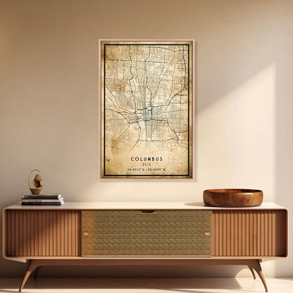 Columbus vintage map print poster or framed canvas, Ohio map print poster canvas, Columbus city map print poster canvas