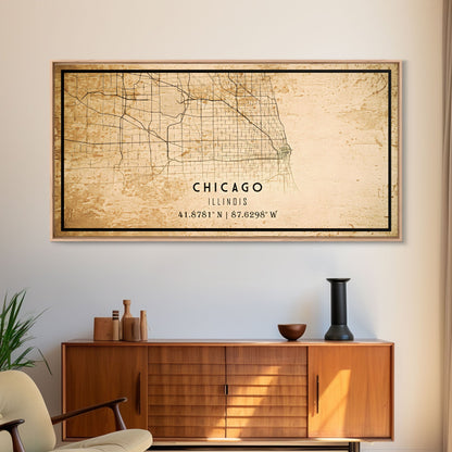 Distressed Chicago map print poster or framed canvas, Illinois road map print poster canvas, Chicago city map print poster canvas