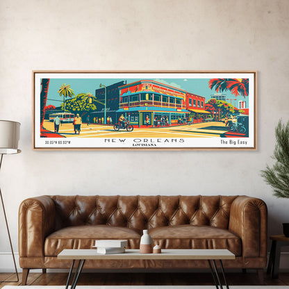 New Orleans Louisiana Panoramic Travel Poster Framed Canvas Print, Mid Century Modern Art, Pop Art Style, Wall Art, Home Decor, Retro Style Art