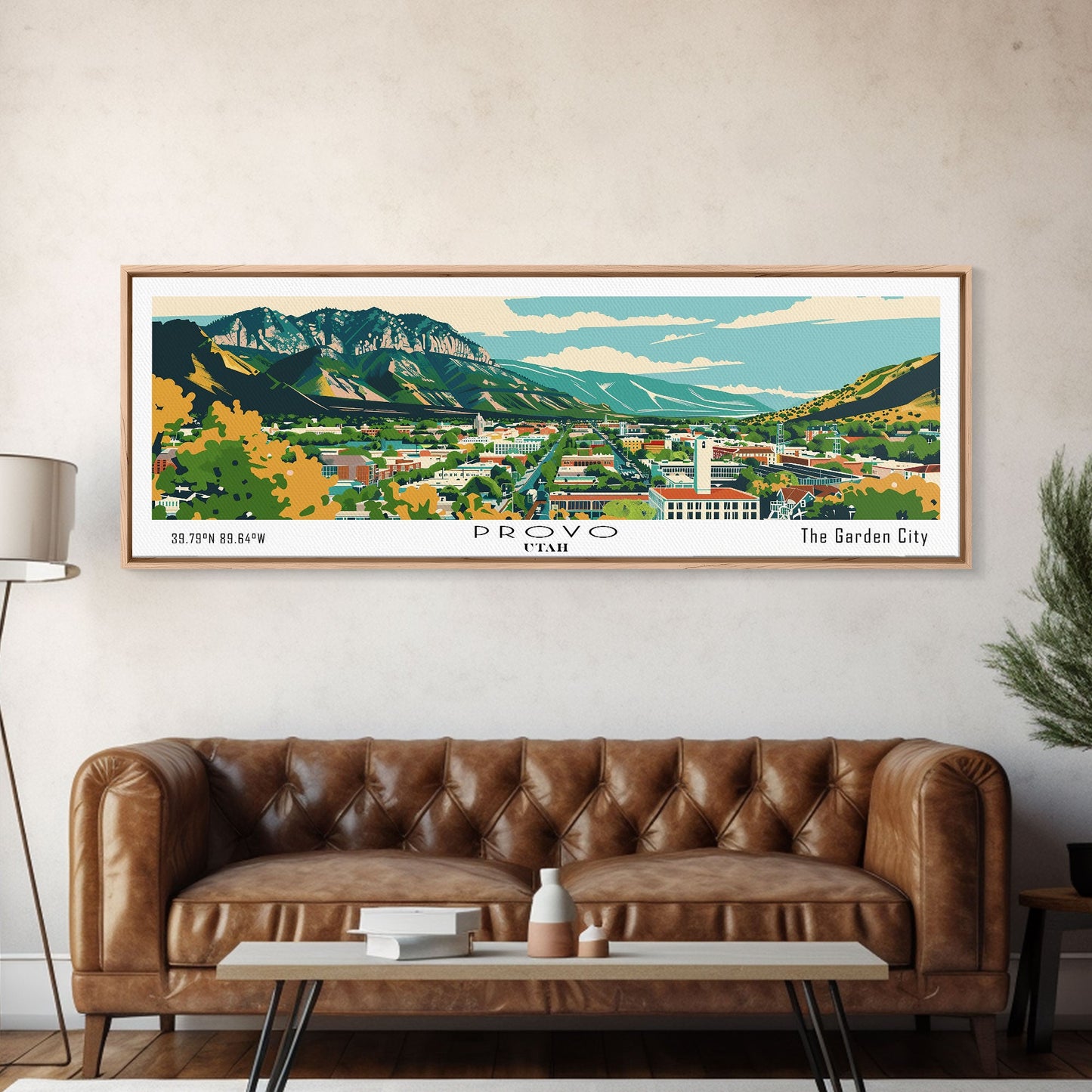 Panoramagemälde von Provo, Utah, gerahmter Leinwanddruck im Mid-Century-Modern-Stil, Retro-Pop-Art-Reiseposter, Stadtbild, Wanddekoration fürs Büro, Wohnzimmerbild