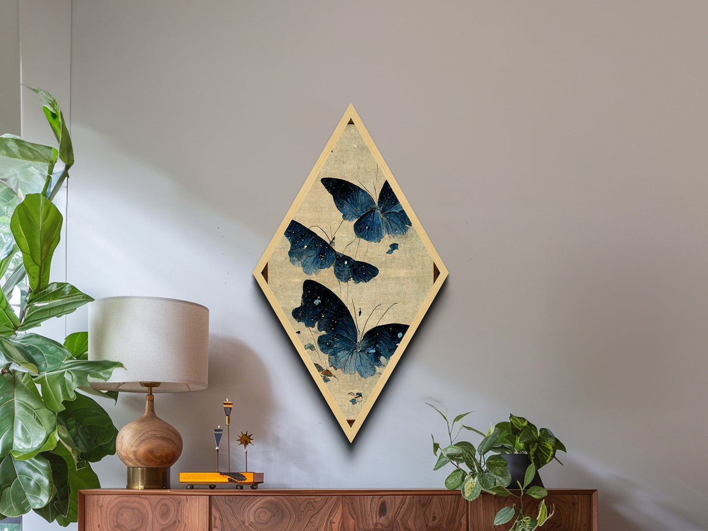 Blue Butterfly Flight Diamond Shaped Canvas Art Print, Japanese Insect Botanical Wall Decor, Nature Moth Garden Inspired Piece