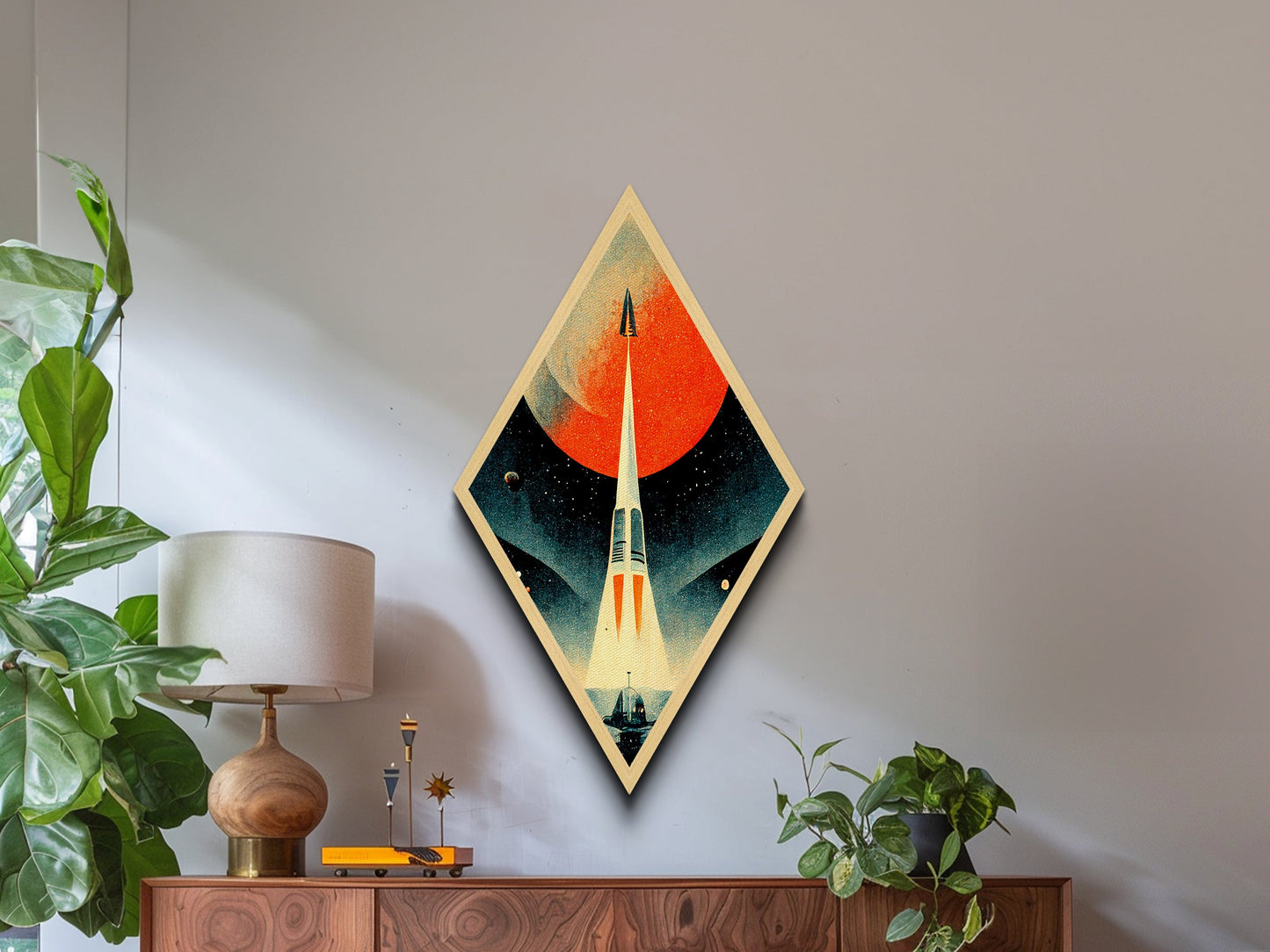 Rocket Launch Scene Diamond Shaped Canvas Textured Print, Retro Futurism Sci-Fi Wall Art, Outer Space Travel Vintage Poster