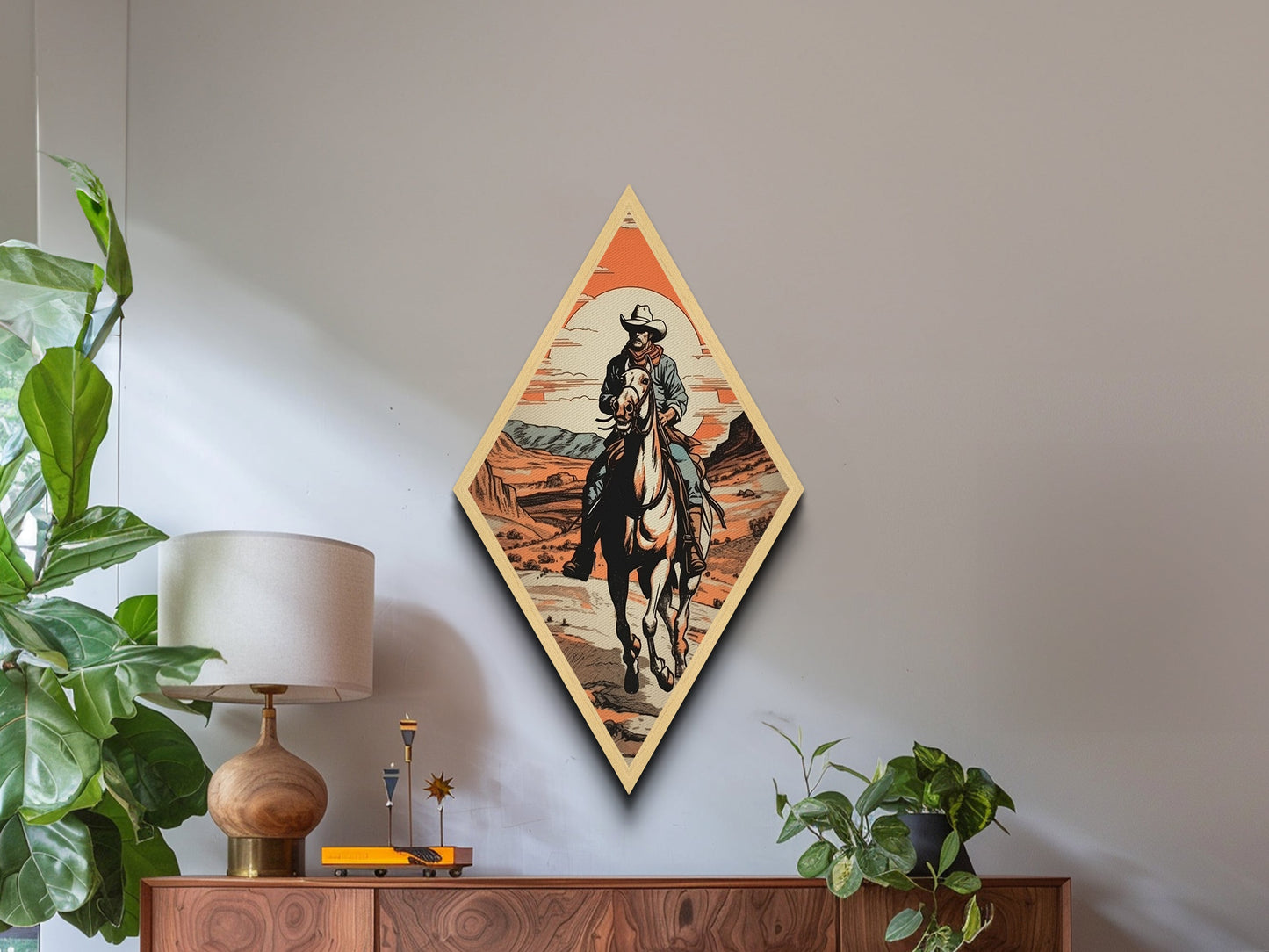 Canyon Trail Cowboy Ride Diamond Shaped Canvas Textured Print — Southwestern Western Wall Art Desert Horse Scene Rustic Ranch Decor