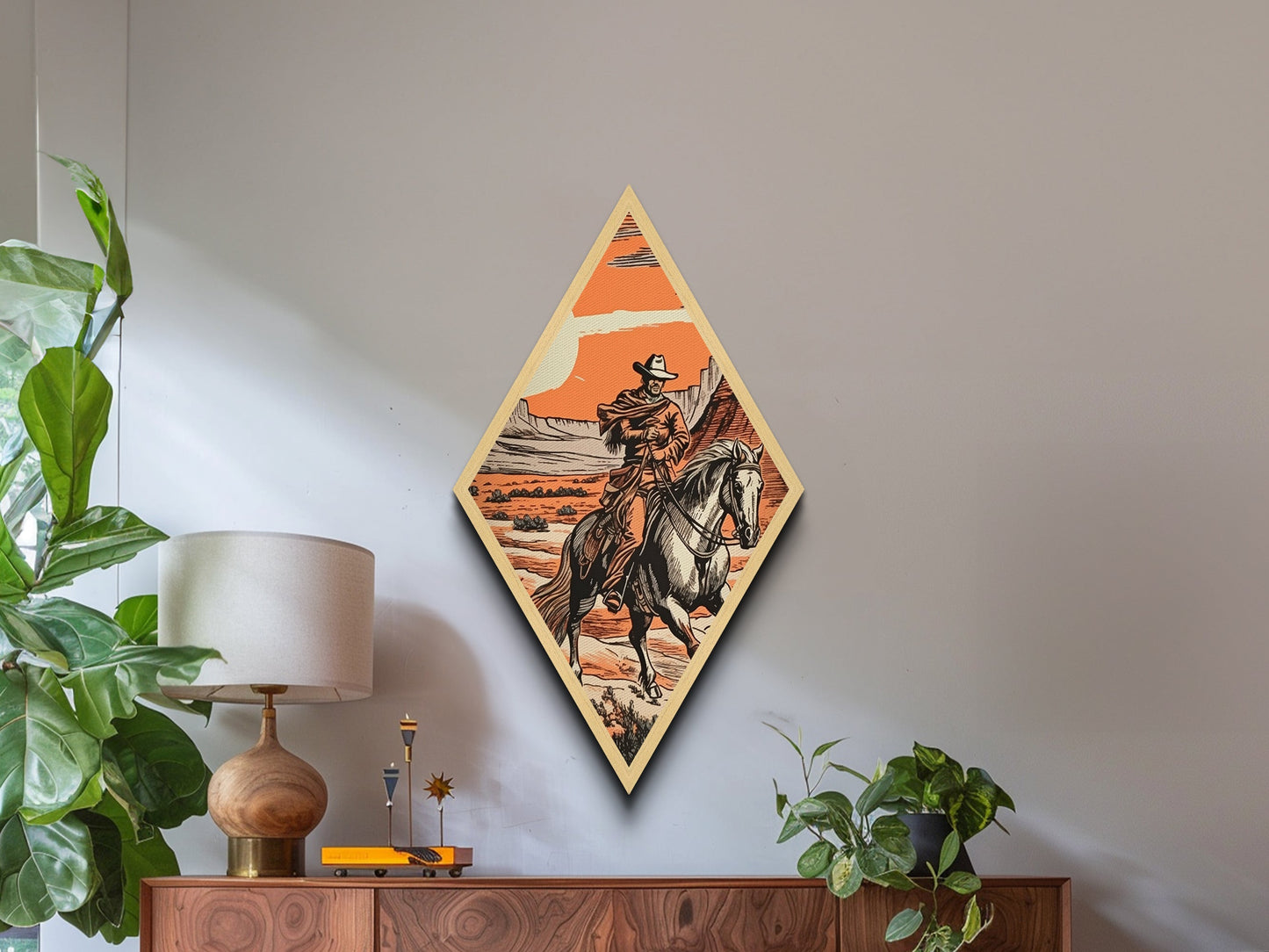 Cowboy Under Canyon Sun Diamond Shaped Canvas Embossed Print — Retro Western Wall Art Horseback Desert Scene Country Cabin Decor