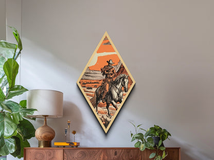 Cowboy Under Canyon Sun Diamond Shaped Canvas Embossed Print — Retro Western Wall Art Horseback Desert Scene Country Cabin Decor