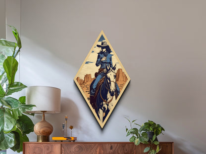 Desert Cowgirl Vibes Diamond Shaped Western Canvas Art Print with Horseback Rider in Blue Outfit Retro Country Rodeo Woman Home Accent
