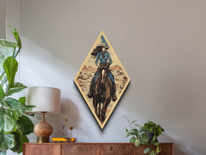 Sunset Cowgirl Ride Diamond Shaped Retro Western Canvas Textured Print Female Rider on Horseback Desert Scenic Illustration Wall Art