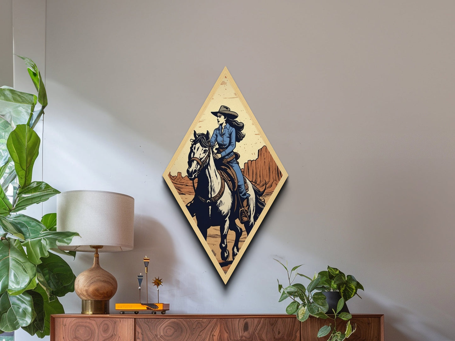 Trailblazing Cowgirl Diamond Shaped Western Wall Art Canvas Embossed Print Horseback Desert Landscape Rustic Country Home Decor