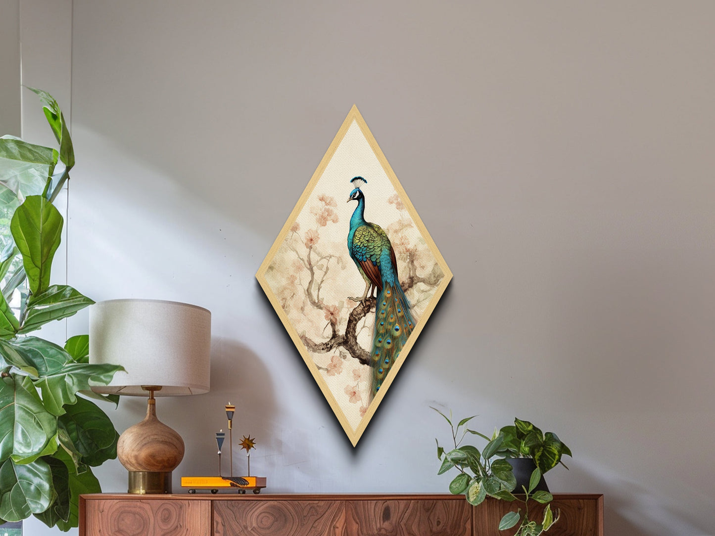 Majestic Peacock Bloom Diamond Shaped Elegant Bird Wall Art Canvas Textured Print Botanical Fine Art Nature-Inspired Decor