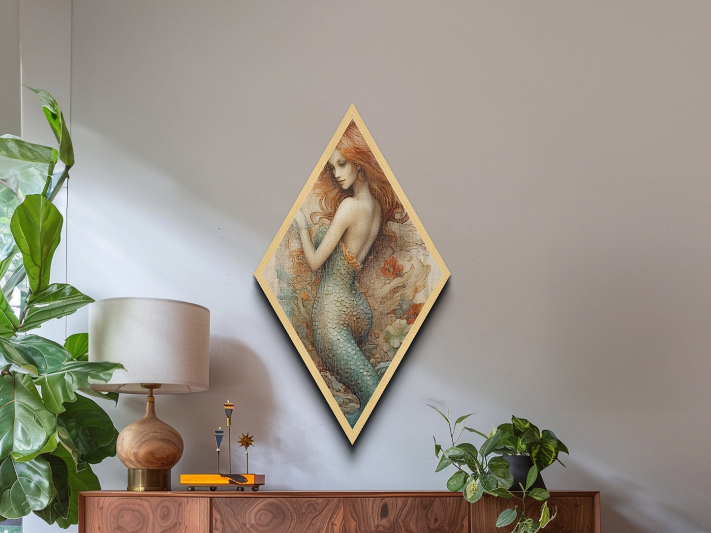 Enchanted Mermaid Muse Diamond Shaped Ocean Fantasy Wall Art Canvas Textured Print Mythical Sea Maiden Vintage Illustration