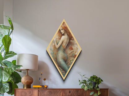 Enchanted Mermaid Muse Diamond Shaped Ocean Fantasy Wall Art Canvas Textured Print Mythical Sea Maiden Vintage Illustration