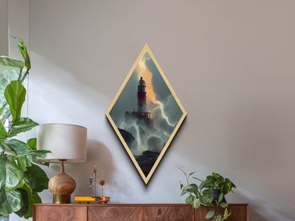 Lighthouse Tempest Fury Diamond Shaped Stormy Sea Wall Art Canvas Embossed Print Dramatic Nautical Lightning Ocean Decor