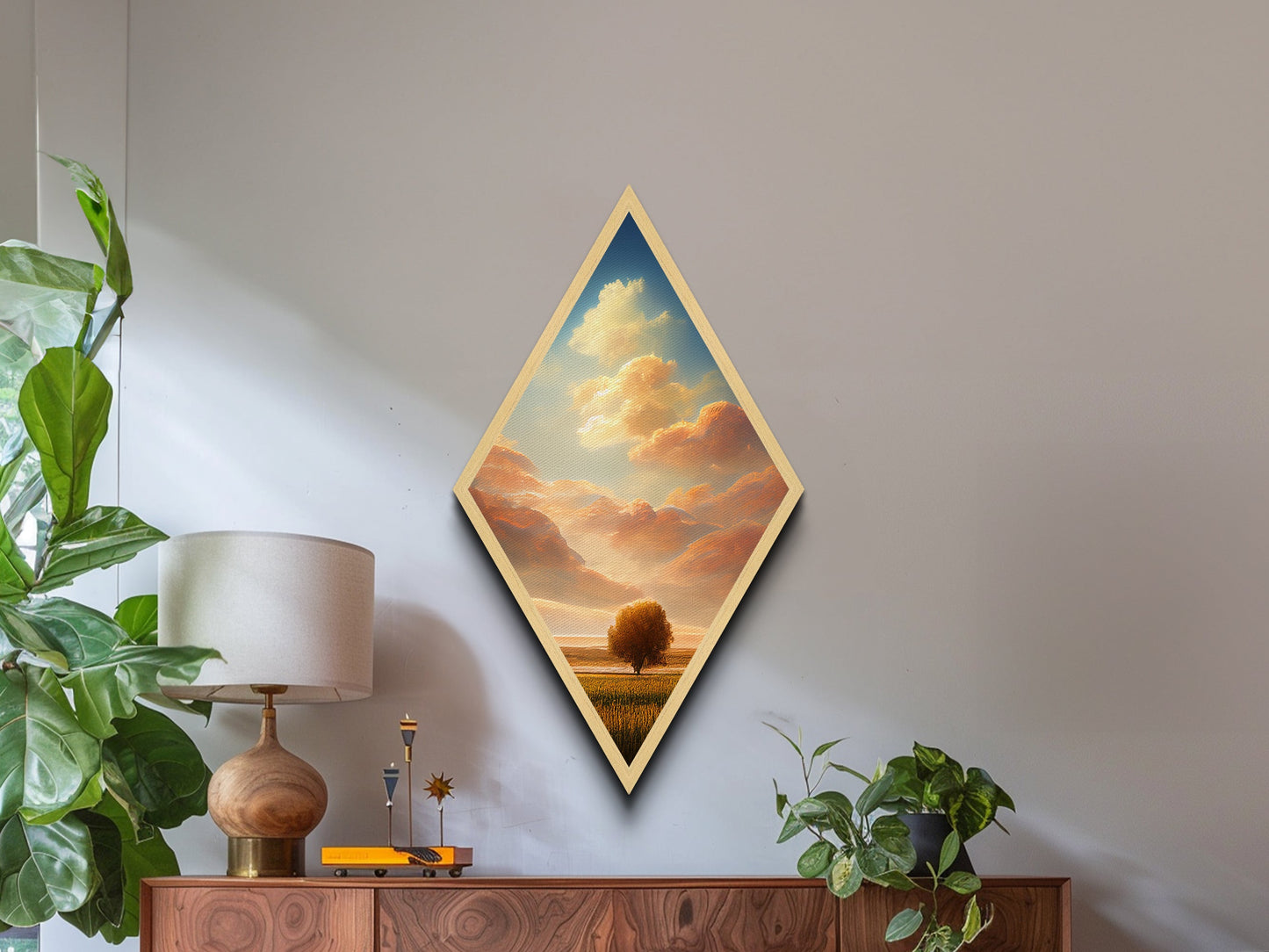 Golden Prairie Tree Diamond Shaped Serene Landscape Scene Canvas Art Print Peaceful Field Skies Rustic Nature Wall Decor