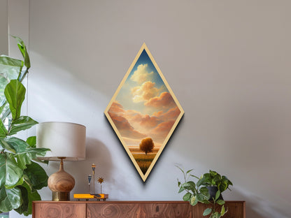 Golden Prairie Tree Diamond Shaped Serene Landscape Scene Canvas Art Print Peaceful Field Skies Rustic Nature Wall Decor